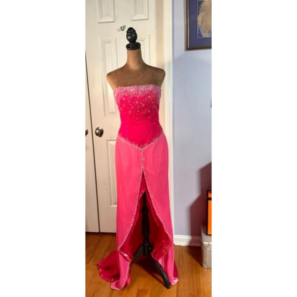 Vintage 90s WOW! Pink Silk Beaded High-Low Prom Pageant Gown Size 8